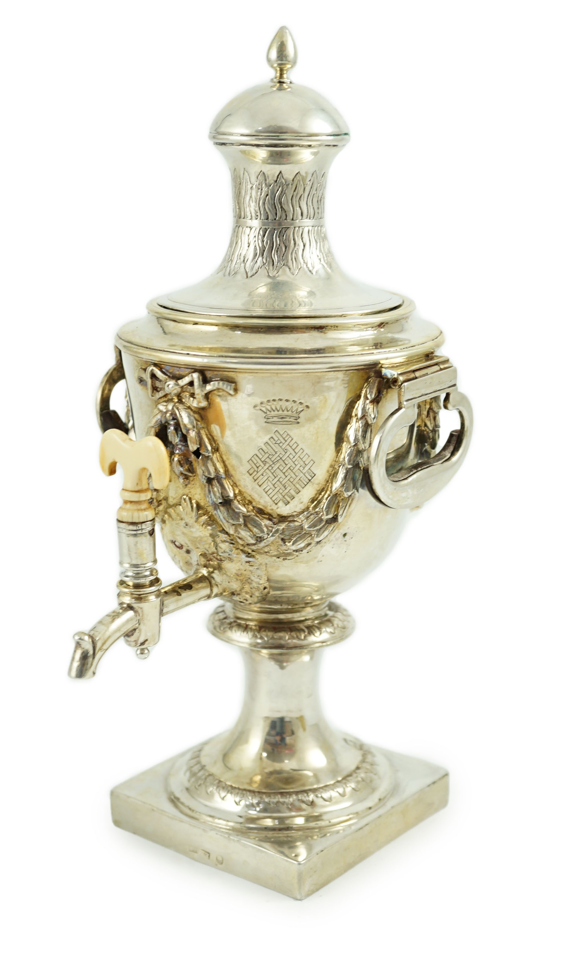 A late 18th century Russian silver samovar, with ivory spigot, master possibly Alexander Yarshinov?